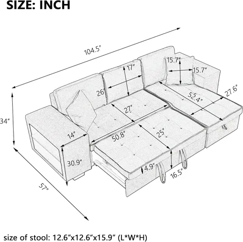 Vista 2 de Sofá cama modular de 104 pulgadas con diván convertible de almacenamiento y taburetes para sala de estar, moderno sofá cama extraíble de 3 asientos