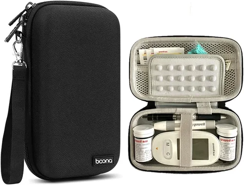 Vista 6 de Bolsa de suministro para diabéticos de carcasa rígida para diabetes, estuche organizador para monitor de glucosa en sangre, kit de prueba con A-Negro