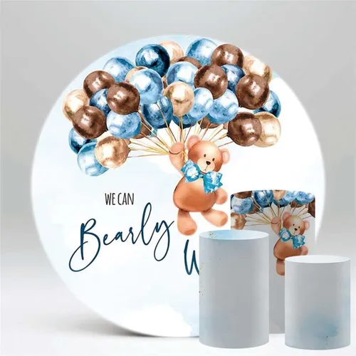 Vista 2 de We Can Bearly Wait to Meet You Baby Shower - Telón de fondo redondo para tema de oso de peluche, niño, azul pastel, marrón, baby shower, fondo