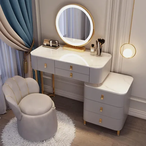 Vista 19 de Tocador, tocador de maquillaje con taburete acolchado, tocador con espejo iluminado LED y mesa auxiliar, mesa de maquillaje con 3 cajones