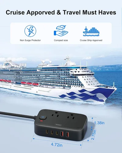 Vista 4 de Regleta de alimentación de viaje, estación de carga USB rápida de 65 W, cargador USB 7 en 1 máximo con 2 tomas, 3 USB C y 2 USB A, cable de Negro
