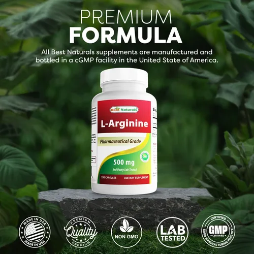 Vista 5 de Best Naturals L-Arginina 500mg 250 Cápsulas - Suplemento de arginina de grado L farmacéutico promueve la síntesis de óxido nítrico