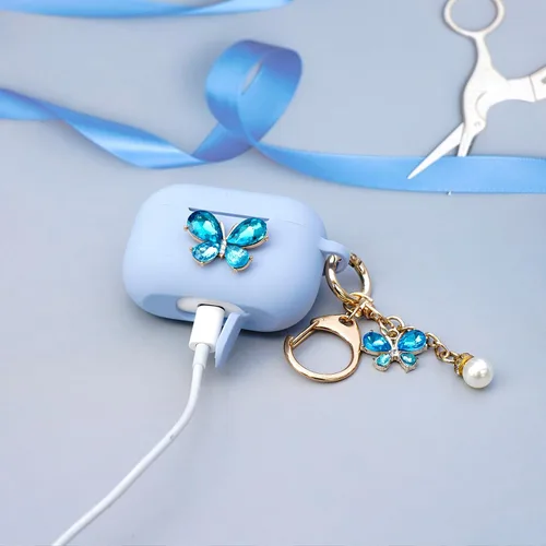 Vista 3 de Wonhibo Funda para Airpods Pro, bonita funda de diseño de mariposa para Airpod Pro 2019 con llavero para mujeres y niñas (azul)