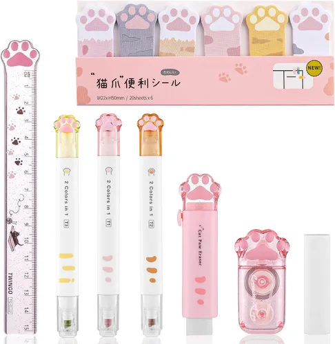 Vista 8 de Juego de 8 piezas de artículos de papelería lindos de patitas de gato, suministros escolares kawaii que incluyen sacapuntas, borrador retráctil
