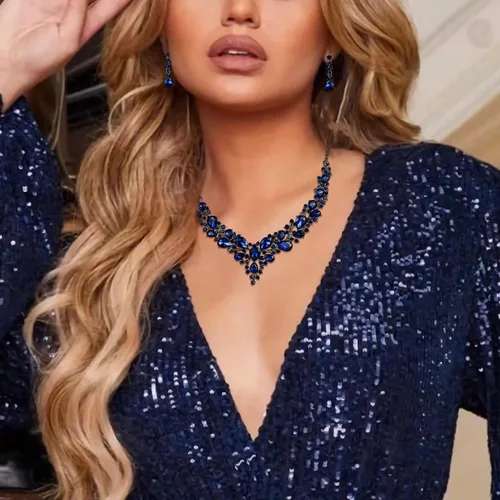 Vista 2 de BriLove - Juego de collar y aretes colgantes, para mujer, collar para impresionar, grupo de lágrima de cristal austriaco, nupcial, para boda.