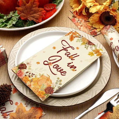 Vista 4 de Lincia 100 servilletas de otoño para despedida de soltera, toallas de papel desechables de otoño para invitados de otoño, para bodas, cosecha