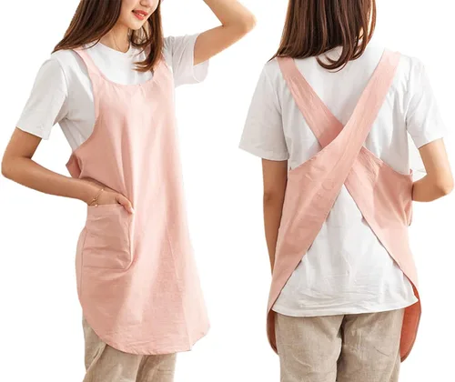 Vista 10 de Delantales de algodón con espalda cruzada, color sólido, para cocina, jardín, para mujeres y niñas con bolsillos