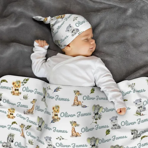 Vista 2 de Manta de Arrullo Personalizada para Bebé para Niños y Niñas - Manta con Nombre Personalizado con Animales