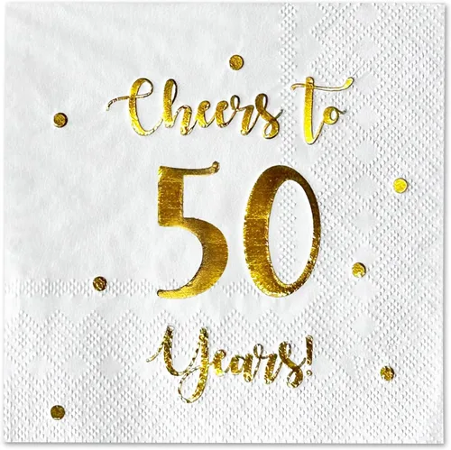 Vista 10 de Servilletas de cóctel de Cheers to 50 años, decoraciones de feliz cumpleaños número 50 para hombres y mujeres, decoraciones de aniversario de boda