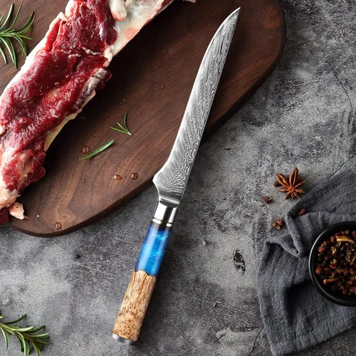 Vista 6 de XITUO VG10 Juego de cuchillos de chef japoneses de acero Damasco de 4 piezas, resina azul y mango de madera, cuchillo de chef de 8 pulgadas