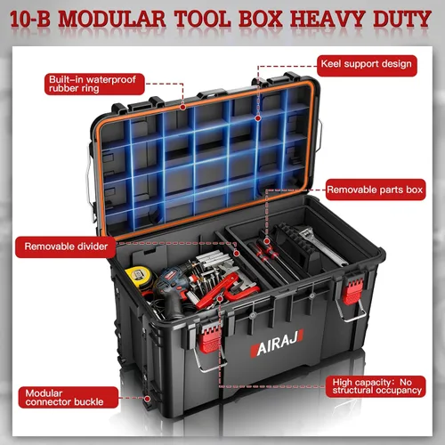 Vista 5 de Caja de herramientas rodante con ruedas resistente, organizador modular apilable, caja de herramientas impermeable para herramientas manuales