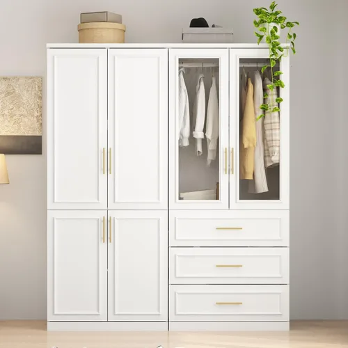 Vista 8 de WOODTIME Armario con barra para colgar, 3 cajones enmarcados y 2 puertas de cristal, armario de madera moderno, organizador de armario
