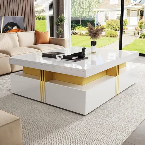 Vista 12 de SSLine Moderna mesa de centro cuadrada de color negro y dorado, mesa de centro de cóctel de mármol sintético de lujo con 4 cajones de Mármol negro