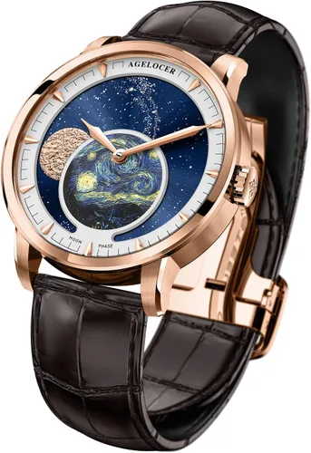 Vista 2 de AGELOCER Top Brand Blue Moon Phase Automático Mecánico Masculino Moda Lujo Muñeca Cuero Casual Reloj de Vestir