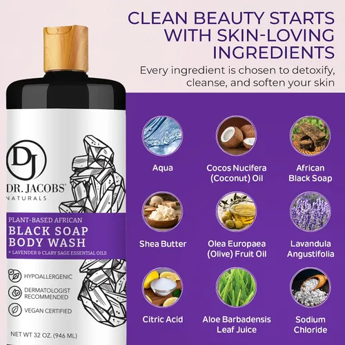 Vista 5 de Dr Jacobs Naturals Auténtico jabón líquido negro africano con aroma a lavanda y salvia, lavado facial todo en uno, lavado corporal para piel