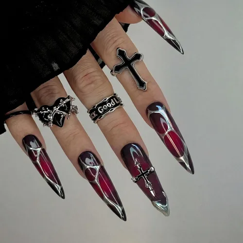 Vista 3 de BABALAL - Uñas postizas largas a presión, uñas postizas negras y rojas, uñas acrílicas de almendra con diseño gótico de vampiro, uñas adhesivas
