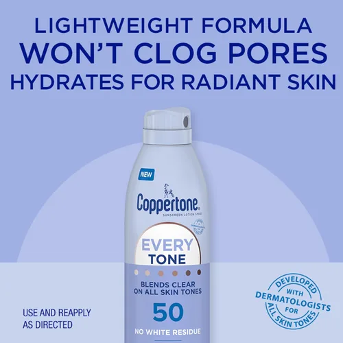 Vista 3 de Coppertone Every Tone - Spray de protección solar SPF 50, ligero, se mezcla con protector solar transparente para todos los tonos de piel, formulado