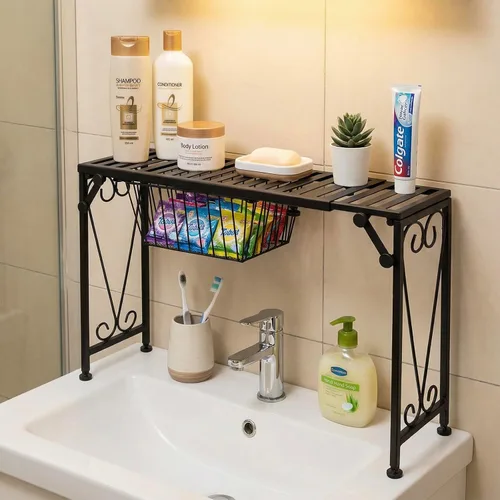 Vista 5 de MyGift Estante para colocar sobre el fregadero con cajón extraíble, estante extensible de metal negro para cocina sobre el fregadero, estante