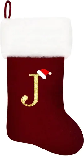 Vista 55 de Calcetines de Navidad bordados de 20 pulgadas con monograma, terciopelo negro con puño de felpa blanca supersuave, adornos clásicos para decoración