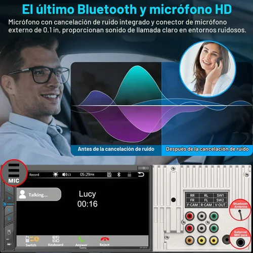Vista 5 de Estéreo de auto doble DIN con cámara de salpicadero, control de voz Carplay, Android Auto, controles del volante, pantalla táctil HD de 7 pulgadas