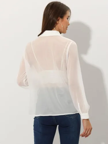 Vista 3 de Allegra K Blusa transparente con botones para mujer, camiseta de manga larga de malla transparente