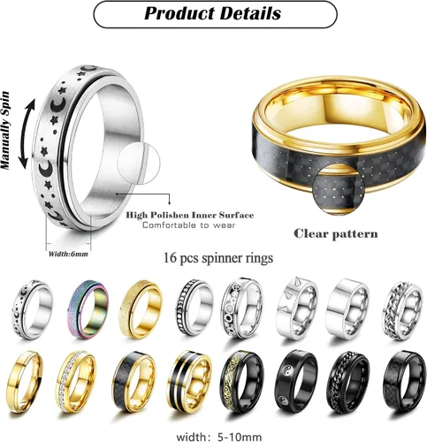 Vista 3 de Anillos para ansiedad de acero inoxidable para hombres mujeres y niños anillo de ansiedad fresco de 4 a 0315in para ansiedad juego de 16 anillos