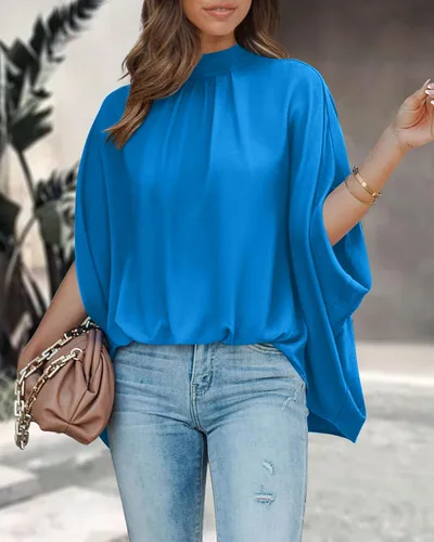 Vista 78 de BTFBM Blusas de verano para mujer, cuello alto falso, manga murciélago, holgadas, dobladillo alto y bajo, blusas informales de gran