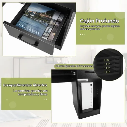 Vista 5 de Tangkula Escritorio para computadora con cajón y bandeja para teclado, escritorio de estudio moderno con gabinete de escritorio y estantes de Negro