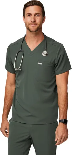 Vista 10 de FIGS Leon - Camiseta médica para hombre, 3 bolsillos, ajuste a medida, cuello en V moderno, elástico en 4 direcciones, absorbe la humedad BLK