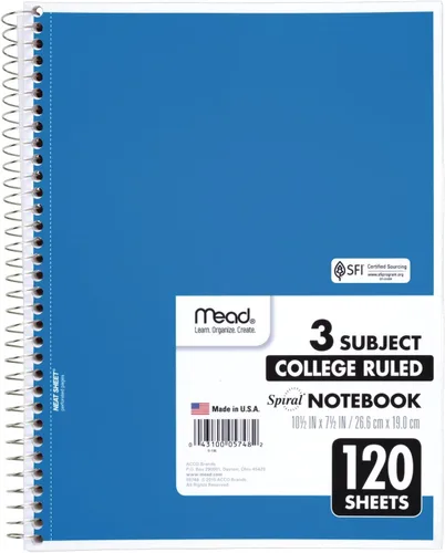 Vista 8 de Mead Cuaderno de espiral, 3 materias, papel rayado universitario, 120 hojas, 10-1/2 x 8 pulgadas, color seleccionado para ti, 1 unidad (05748)
