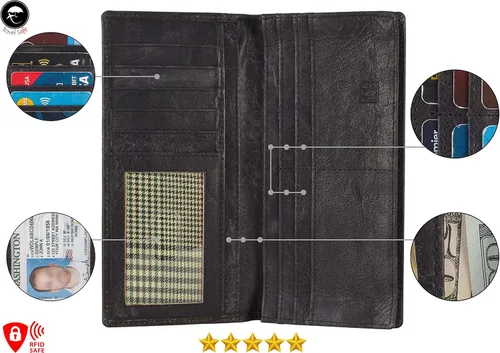 Vista 3 de Mou Meraki Cartera larga plegable de cuero genuino para hombre con bloqueo RFID