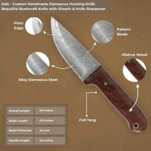 Vista 2 de Venta - Cuchillo de caza de Damasco hecho a mano personalizado Hermoso cuchillo de Bushcraft con funda y sacapuntas de cuchillo