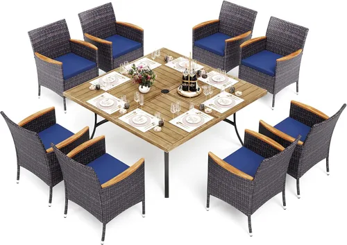 Vista 27 de PHI VILLA Juego de comedor al aire libre de 5 piezas para 4, mesa de comedor cuadrada de metal y sillas de mimbre de ratán con cojines, muebles
