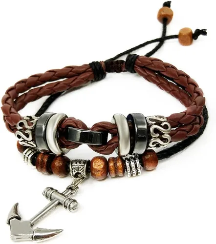 Vista 22 de Suyi brazalete ajustable con varias capas, de cuero tejido trenzado con cruz. Pulsera tipo esclava.