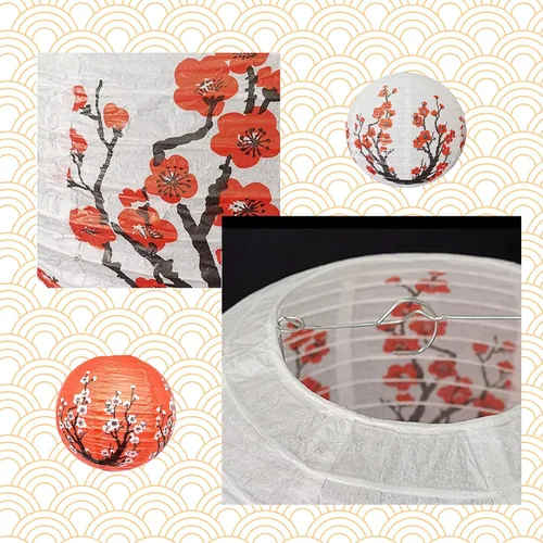 Vista 4 de 12 faroles chinos, faroles de papel de flor de ciruelo de 12 pulgadas, para fiestas, asia, hogar, restaurante, decoración de boda (blanco y rojo)