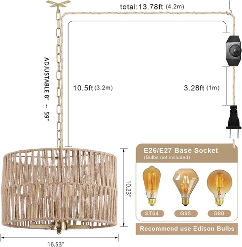 Vista 4 de Luminaria de lámpara colgante grande estilo bohemio costero de 4 luces que se enchufa con cadena ajustable, interruptor regulable, lámpara colgante