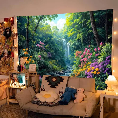 Vista 2 de Tapiz de cascada de bosque, flores de paisaje natural, tapices para colgar en la pared para hombres y niños, decoración de arte de pared, decoración