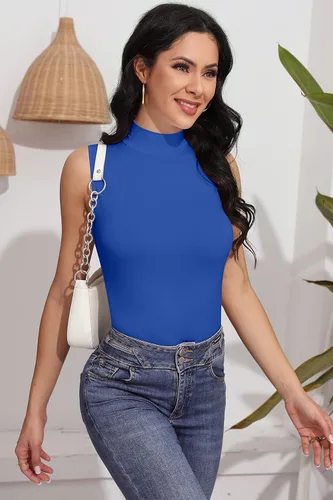 Vista 3 de SHEIUGU Camiseta de manga larga para mujer, sin mangas, cuello alto, básica, elástica, ajustada, ropa