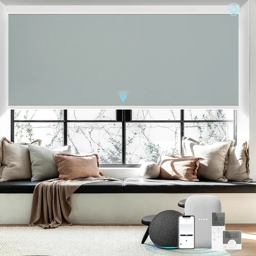 Vista 11 de Persianas inteligentes personalizadas de 110 pulgadas de ancho para ventanas grandes, persianas enrollables motorizadas 100% opacas compatibles