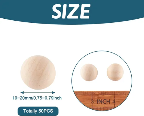 Vista 2 de Craftdady 50 bolas de madera redondas naturales de 0.748-0.787 in de 3/4 pulgadas de madera dura sin terminar, esferas decorativas de madera sin