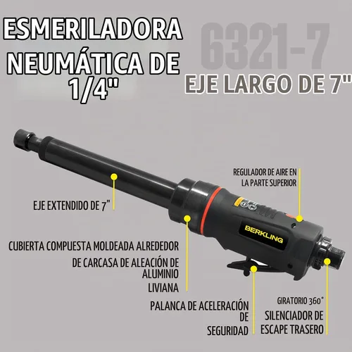 Vista 3 de Berkling BT 6321-7 - Amoladora neumática de 1/4 pulgadas, extensión de 7 pulgadas, 20,000 RPM 0.5HP Motor, Variable Speed Control, Lightweight