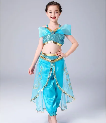 Vista 2 de TPMG Princess Jasmine Costume for Girls 3T-12Y, Dress Up Clothes Kids Halloween Play Dress with Wig Headband Party Outfits