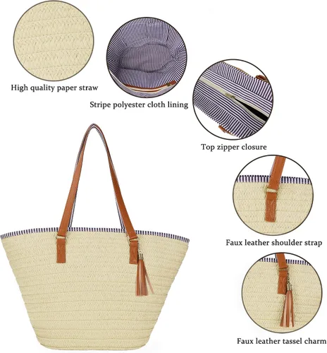 Vista 5 de Bolso grande de paja para mujer, bolso de playa con borla para el verano