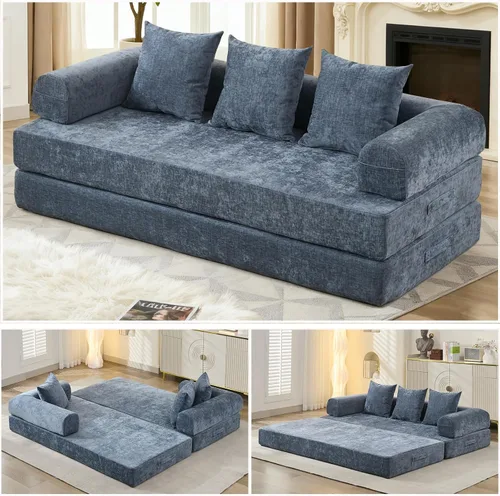 Vista 11 de Sofá cama convertible 4 en 1 de 79 pulgadas, sofás sin hueso, cama plegable de felpilla con cama extraíble, futón de suelo, sofá biplaza modular
