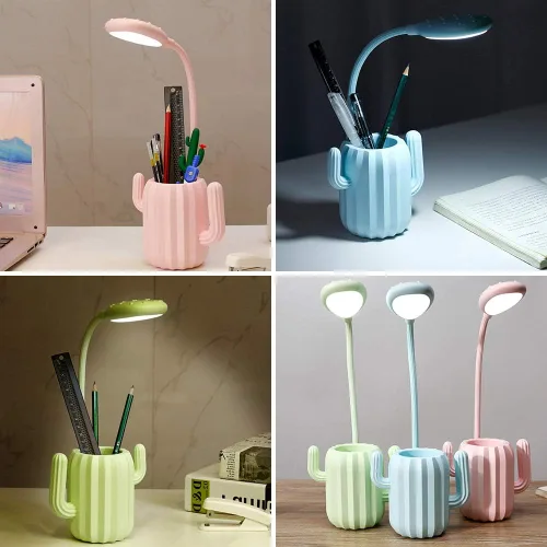Vista 7 de Luz LED de escritorio de cactus, lámpara de protección ocular regulable + soporte para bolígrafo para lectura de estudio de oficina (rosa)