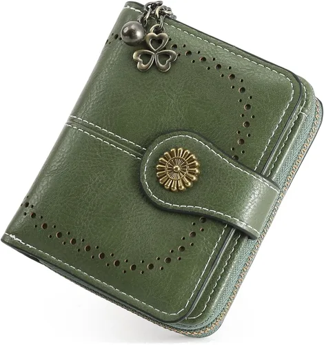 Vista 13 de Cartera pequeña para mujer, de piel, plegable, compacta, con bloqueo RFID, con bolsillo con cremallera para monedas, A01 Rojo Vino, Classic