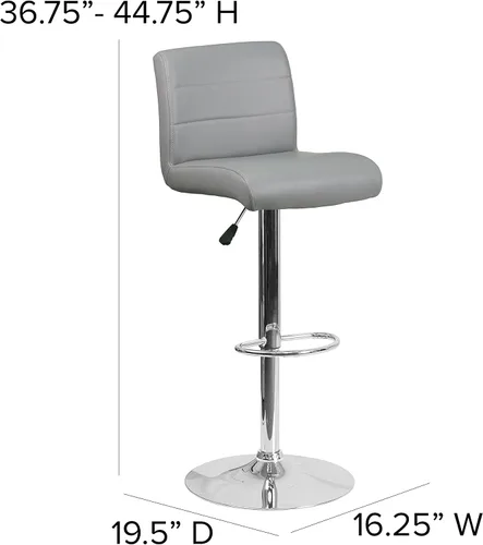 Vista 3 de Flash Furniture Taburete de bar de altura ajustable de vinilo gris contemporáneo con asiento enrollado y base cromada