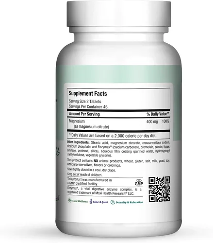 Vista 3 de Maxi Health Suplemento de citrato de magnesio – Magnesio para mujeres y hombres – Apoya la producción de energía, absorción de calcio, fuerza