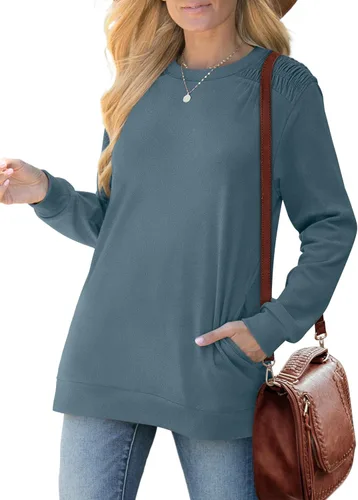 Vista 3 de XIEERDUO Sudadera de cuello redondo para mujer, con bolsillos, de gran tamaño, de vellón, manga larga, para otoño
