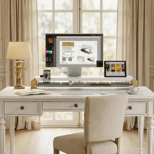 Vista 2 de Fenge Soporte de monitor para escritorio, elevador de monitor doble de 39 pulgadas para 2 monitores, estante de escritorio de madera maciza